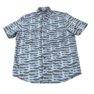 L.L. Bean Men's Large Blue Fish Print Short Sleeve Button-Down Shirt Ventilated